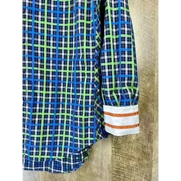 Robert Graham X Mens Medium Tailored Fit Flip Cuff Button Shirt Green Blue Plaid - Picture 3 of 9